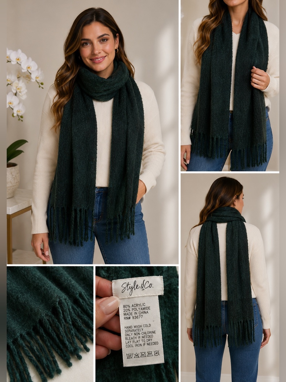 Style & Co. Dark‎ Green Fringed Scarf NEW O/S